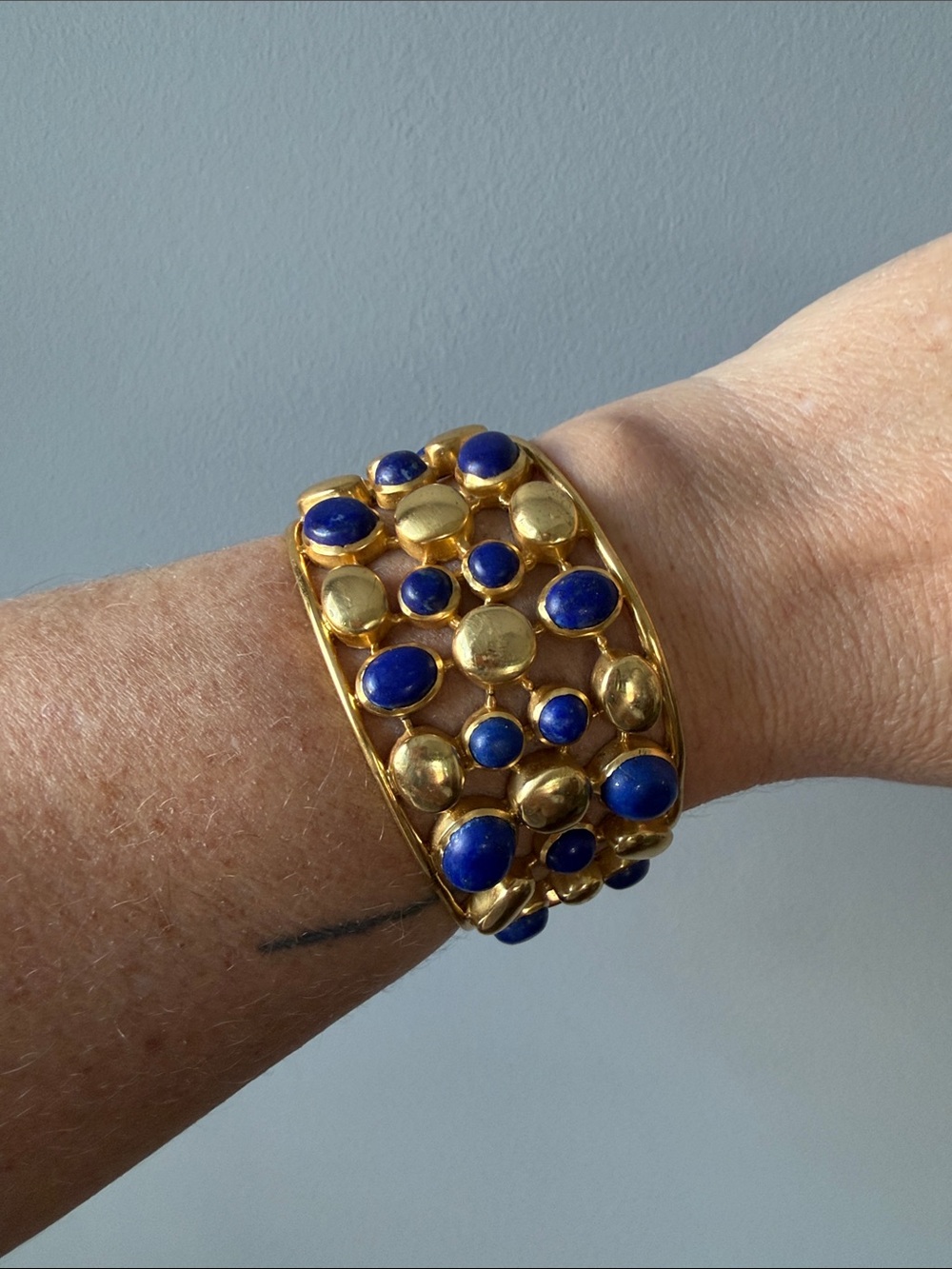 Vintage Julie Vos Gold and Blue Cabochon Statement Cuff Bracelet Women Jewelry